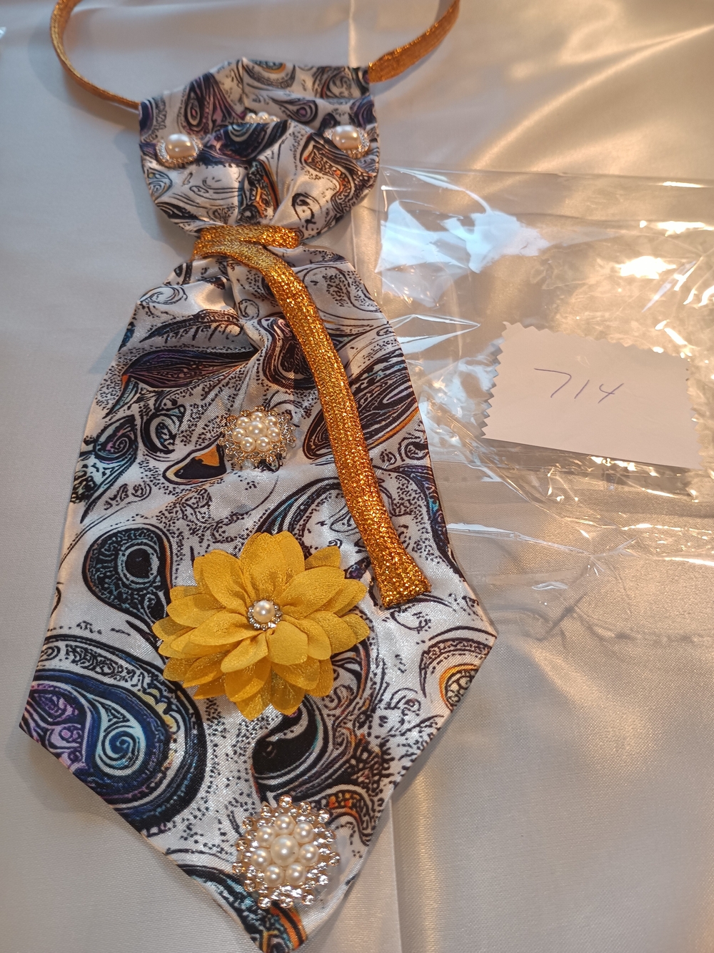 Paisley JunkTie Necklace Satin Dog Neck Tie with Yellow Flower & Gold Trim